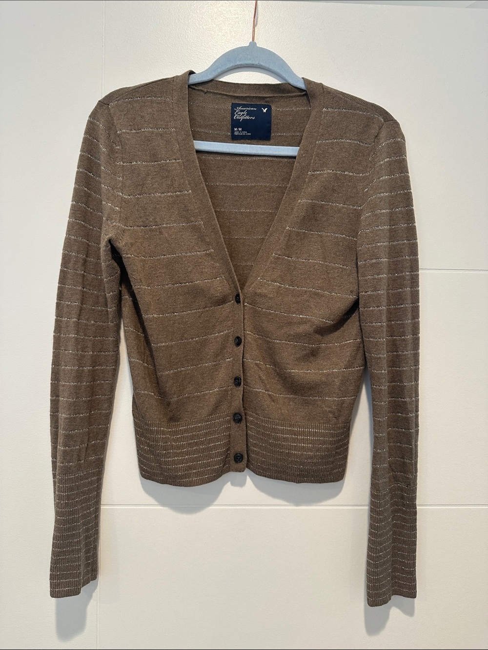American Eagle Outfitters Brown V-Neck Metallic-Striped Cardigan